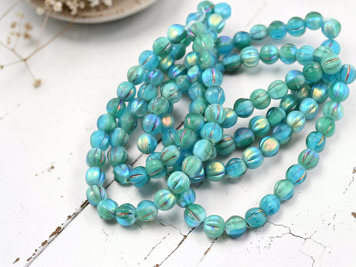 *25* 6mm Metallic Volcano Washed Blended Blue Turquoise Round Melon Beads