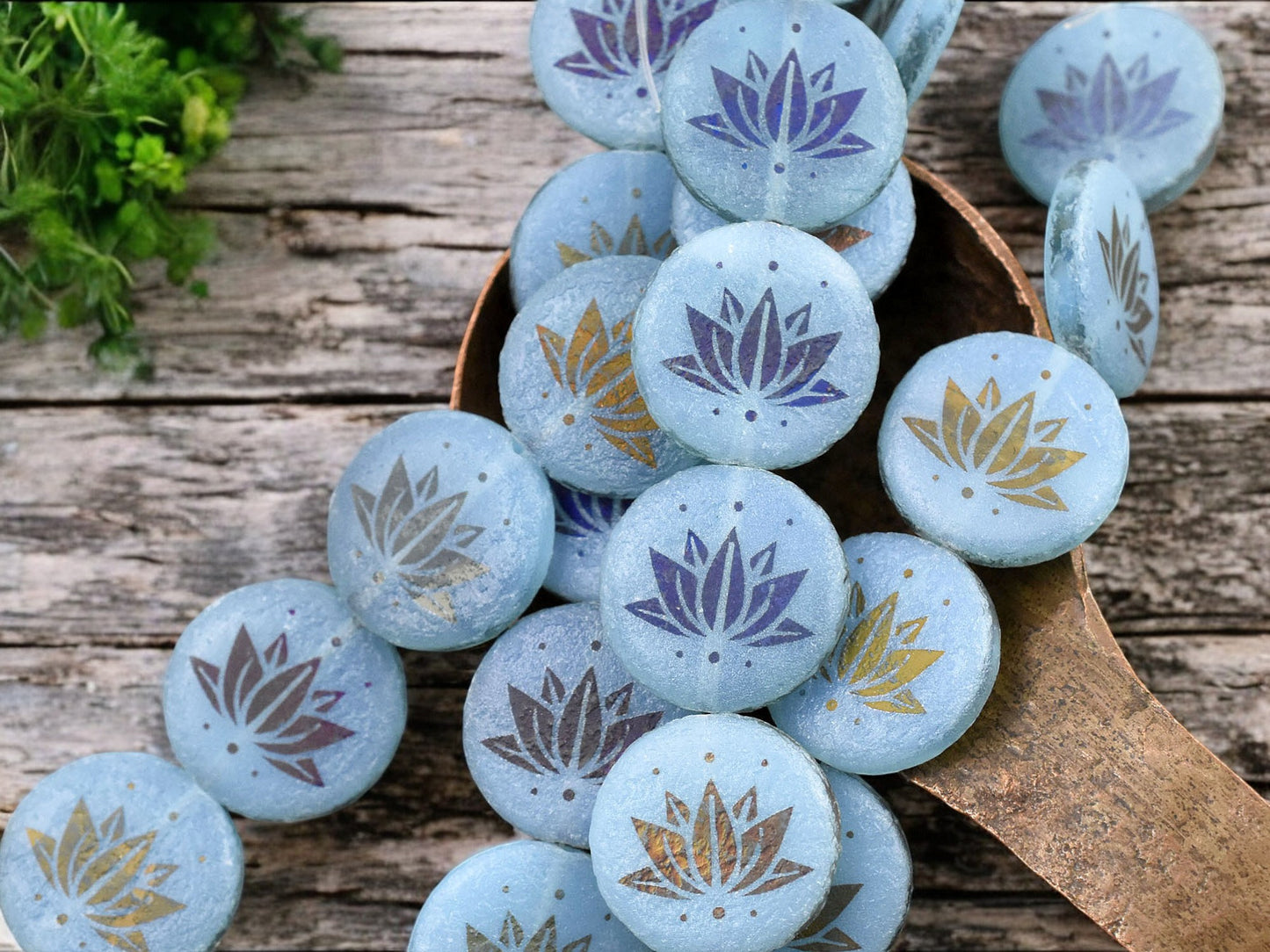 *8* 16mm Acided Etched Blue Opaline Sliperit Laser Tattoo Lotus Flower Coin Beads