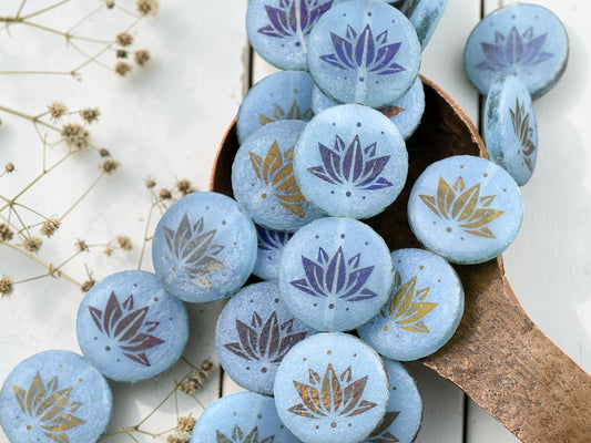 *8* 16mm Acided Etched Blue Opaline Sliperit Laser Tattoo Lotus Flower Coin Beads