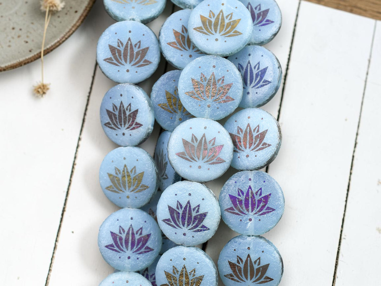 *8* 16mm Acided Etched Blue Opaline Sliperit Laser Tattoo Lotus Flower Coin Beads