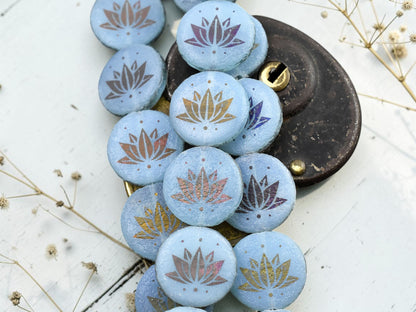 *8* 16mm Acided Etched Blue Opaline Sliperit Laser Tattoo Lotus Flower Coin Beads
