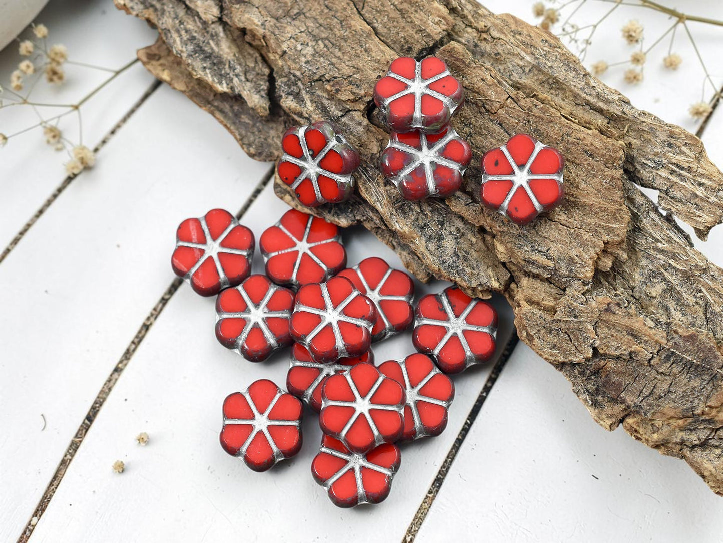 *15* 10mm Silver Washed Opaque Red Travertine Forget Me Not Flower Beads