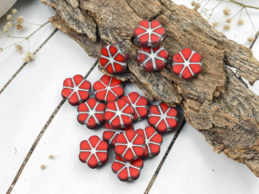 *15* 10mm Silver Washed Opaque Red Travertine Forget Me Not Flower Beads