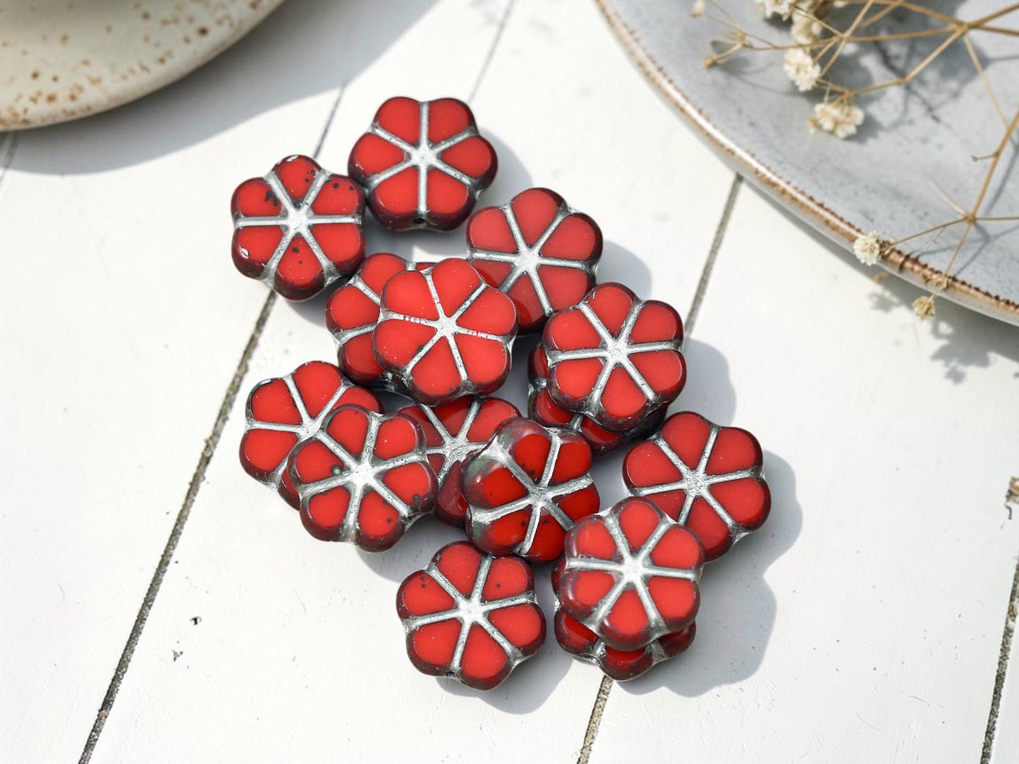 *15* 10mm Silver Washed Opaque Red Travertine Forget Me Not Flower Beads