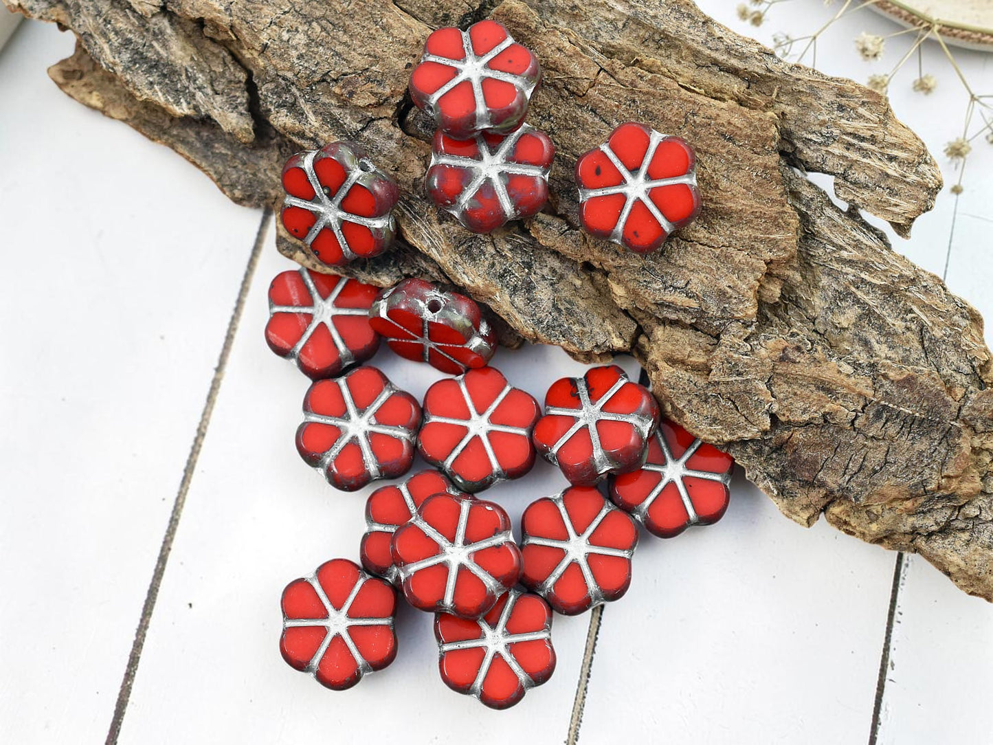 *15* 10mm Silver Washed Opaque Red Travertine Forget Me Not Flower Beads