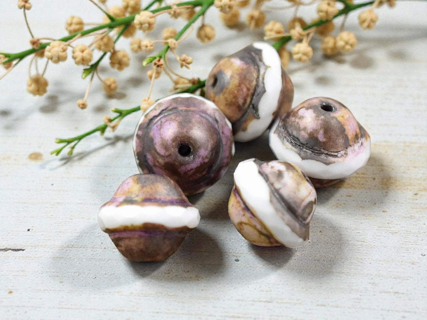 *21* 10x12mm Opaque White w/ Bronzed Pink Picasso Saturn Beads
