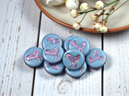 *15* 12mm Metallic Pink Washed Opaque Blue Turquoise Bird Coin Beads
