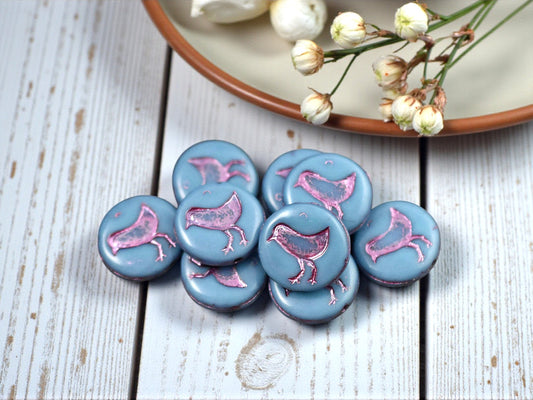 *15* 12mm Metallic Pink Washed Opaque Blue Turquoise Bird Coin Beads