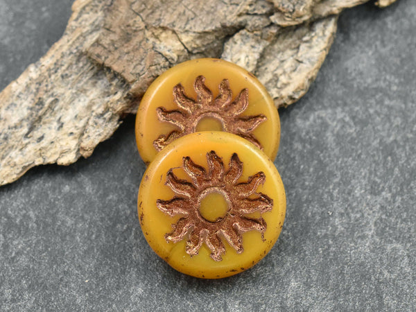 21mm Bronze Washed Dandelion Yellow Sun Design Coin Beads - 2 Beads