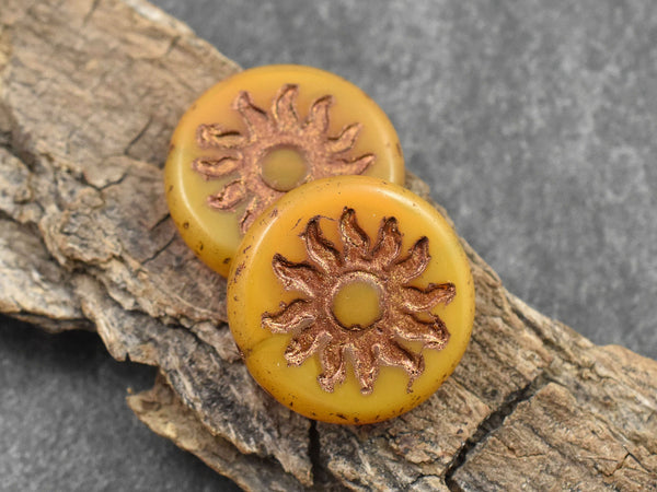 21mm Bronze Washed Dandelion Yellow Sun Design Coin Beads - 2 Beads