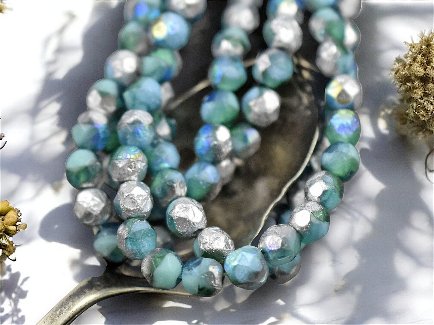 *25* 6mm Silver Etched Mixed Turquoise Emerald AB Fire Polished Round Beads