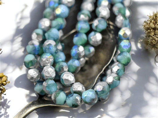*25* 6mm Silver Etched Mixed Turquoise Emerald AB Fire Polished Round Beads