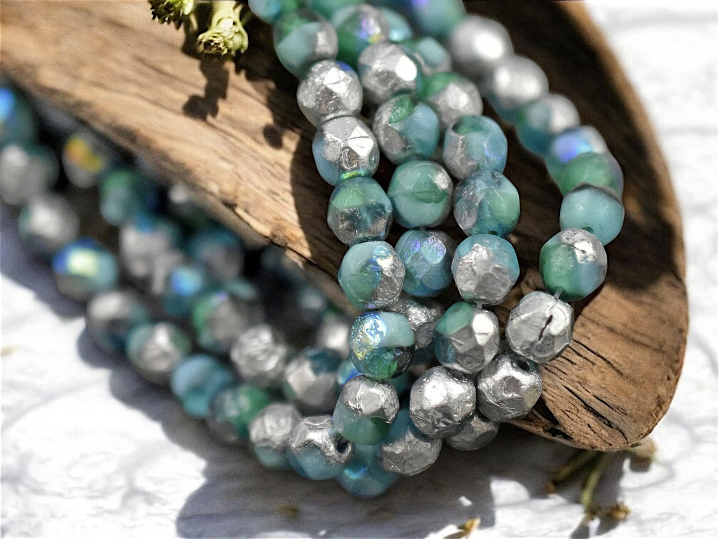*25* 6mm Silver Etched Mixed Turquoise Emerald AB Fire Polished Round Beads