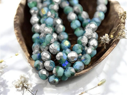 *25* 6mm Silver Etched Mixed Turquoise Emerald AB Fire Polished Round Beads