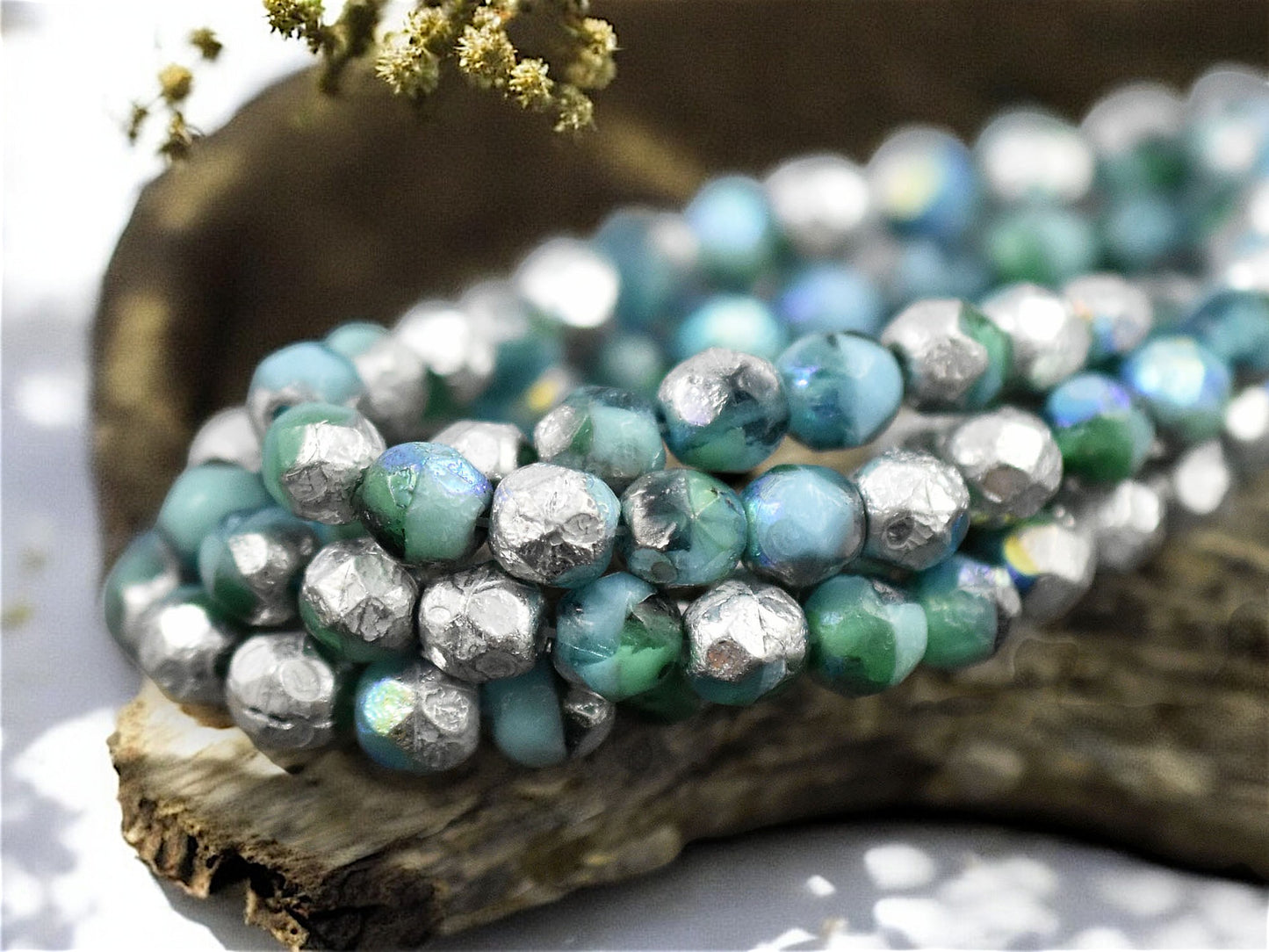 *25* 6mm Silver Etched Mixed Turquoise Emerald AB Fire Polished Round Beads