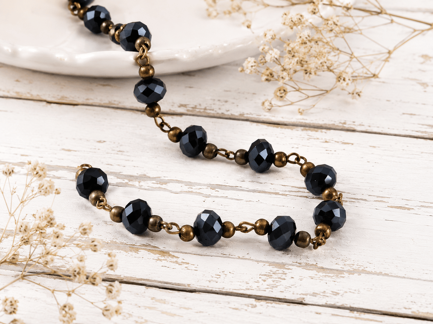 6x8mm Black Pearl Luster Fire Polished Rondelles with Bronze Beaded Chain (39.3")