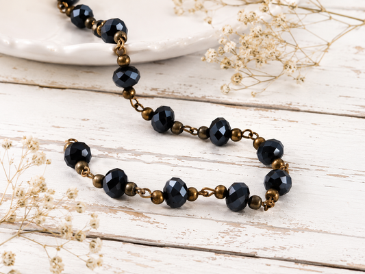 6x8mm Black Pearl Luster Fire Polished Rondelles with Bronze Beaded Chain (39.3")