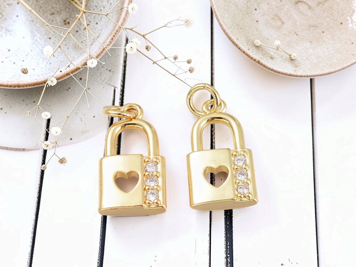 *5* 18x10mm 18k Gold Plated Brass Micro Pave Cubic Zirconia Padlock Charms