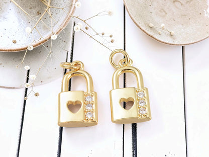 *5* 18x10mm 18k Gold Plated Brass Micro Pave Cubic Zirconia Padlock Charms