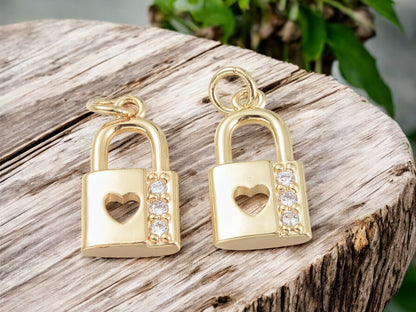 *5* 18x10mm 18k Gold Plated Brass Micro Pave Cubic Zirconia Padlock Charms