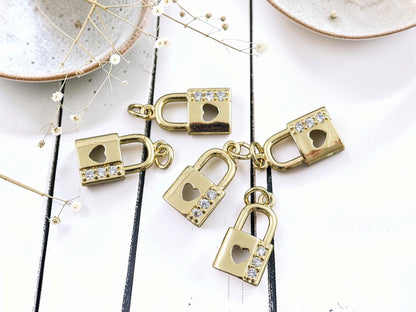 *5* 18x10mm 18k Gold Plated Brass Micro Pave Cubic Zirconia Padlock Charms