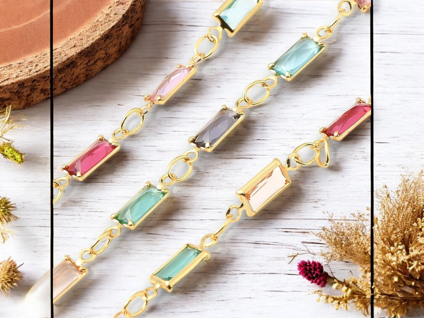 3.5 x 7mm Gold Plated Brass Linked Chain w/ Glass Rectangle Beads