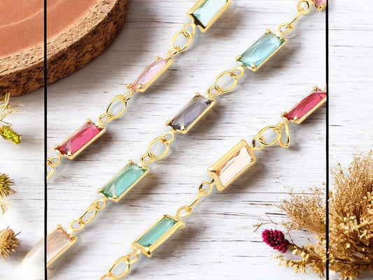 3.5 x 7mm Gold Plated Brass Linked Chain w/ Glass Rectangle Beads