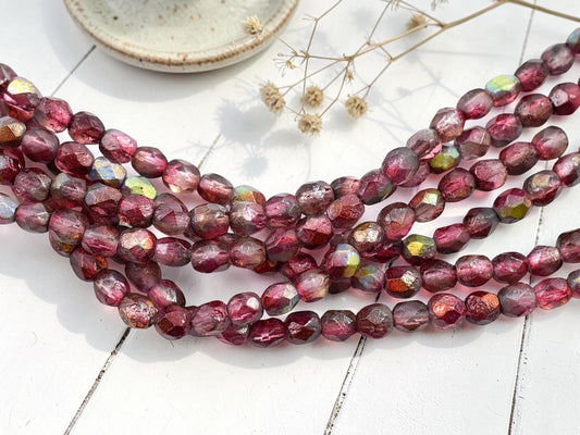 *25* 6mm Etched Matte Raspberry Celestial Fire Polished Round Beads