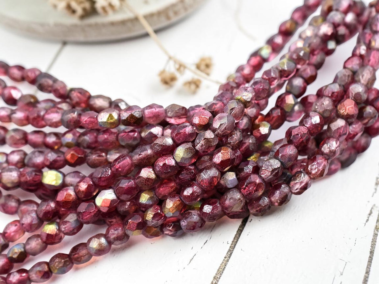 *25* 6mm Etched Matte Raspberry Celestial Fire Polished Round Beads