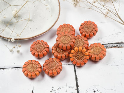 *10* 13mm Bronze Washed Orange Opaline Sunflower Coin Beads