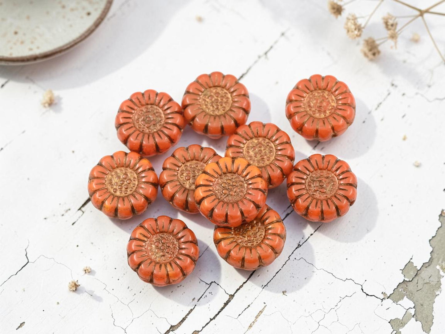 *10* 13mm Bronze Washed Orange Opaline Sunflower Coin Beads