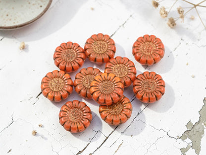 *10* 13mm Bronze Washed Orange Opaline Sunflower Coin Beads