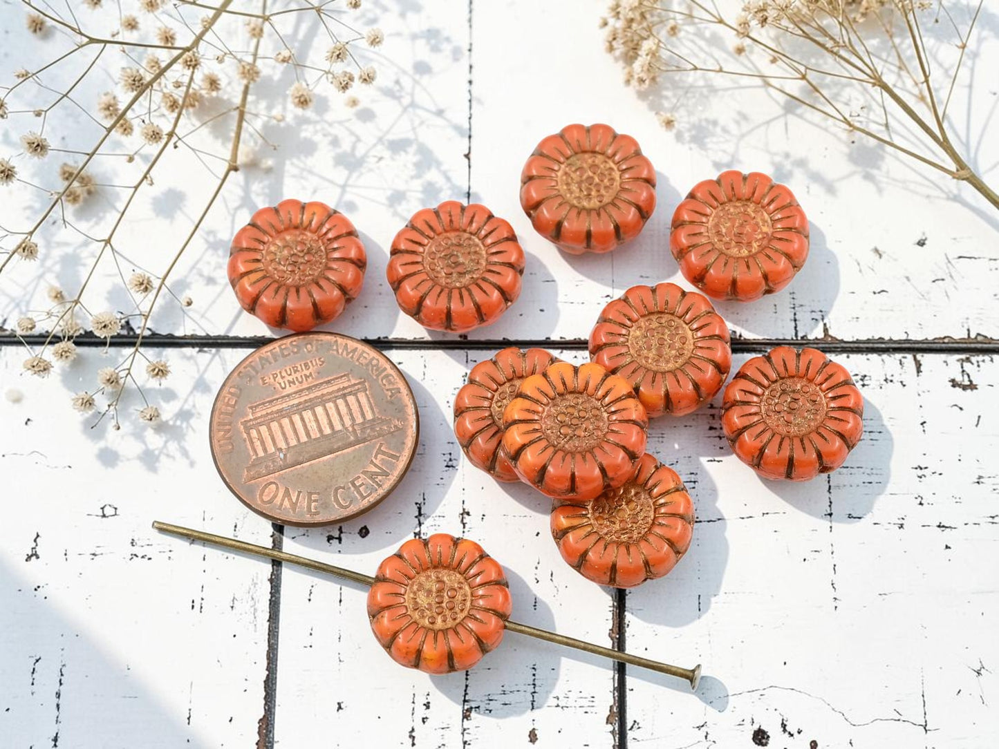 *10* 13mm Bronze Washed Orange Opaline Sunflower Coin Beads