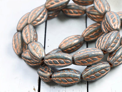 *10* 15x9mm Copper Washed Teal Blue Twisted Oval Beads