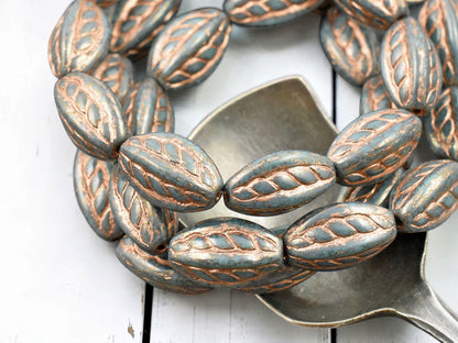 *10* 15x9mm Copper Washed Teal Blue Twisted Oval Beads