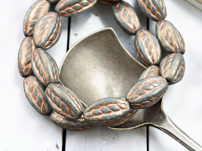 *10* 15x9mm Copper Washed Teal Blue Twisted Oval Beads