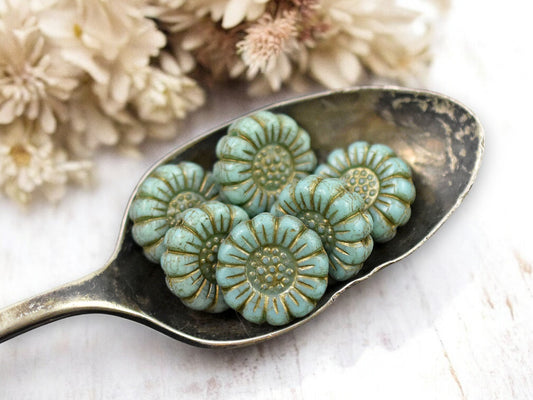 *12* 13mm Dark Bronze Washed Opaque Turquoise Sunflower Coin Beads