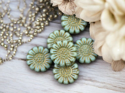*12* 13mm Dark Bronze Washed Opaque Turquoise Sunflower Coin Beads