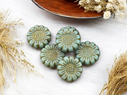 *12* 13mm Dark Bronze Washed Opaque Turquoise Sunflower Coin Beads