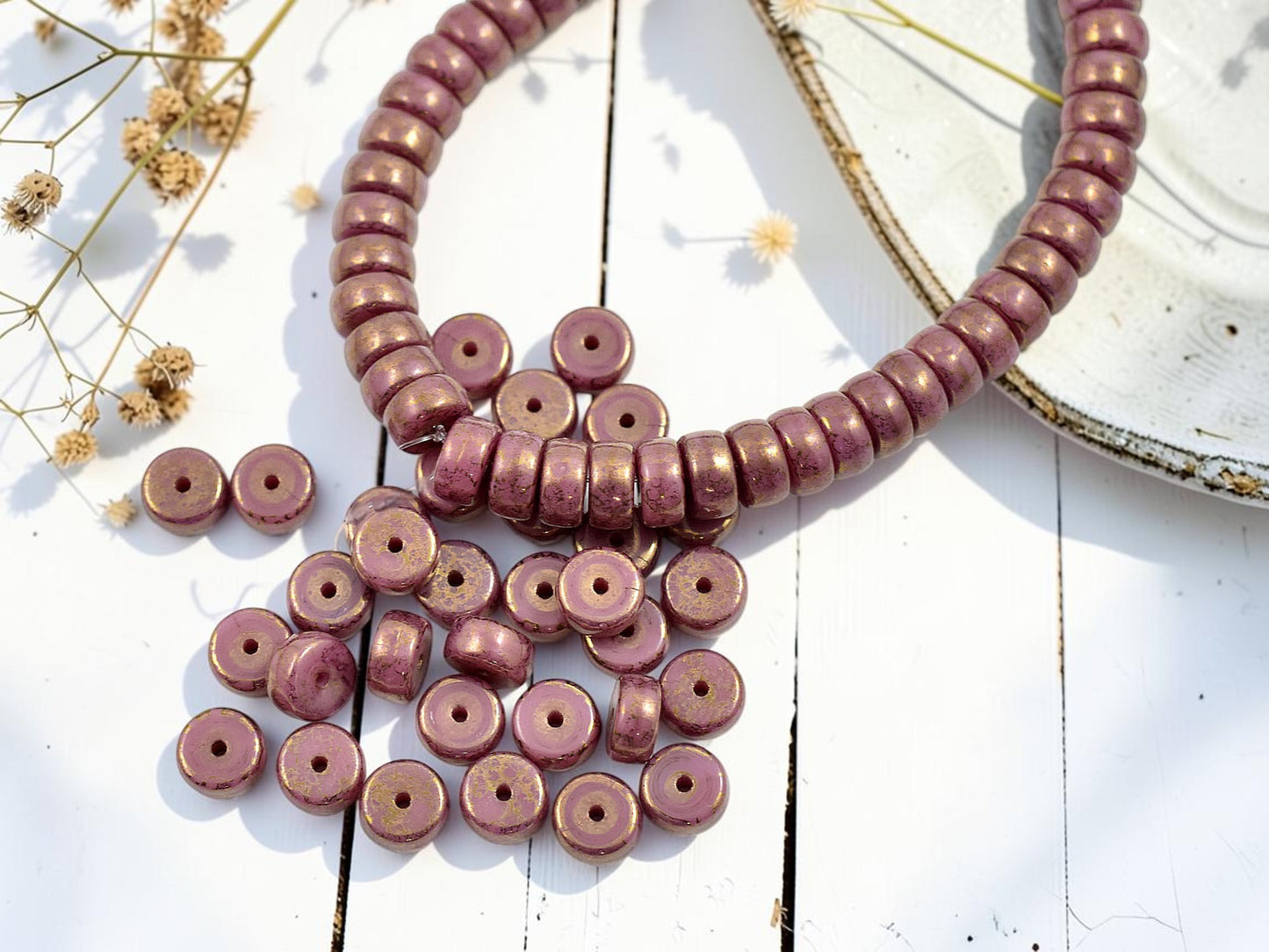 *50* 6x3mm Gold Washed Opaque Dusty Rose Pink Heishi Beads