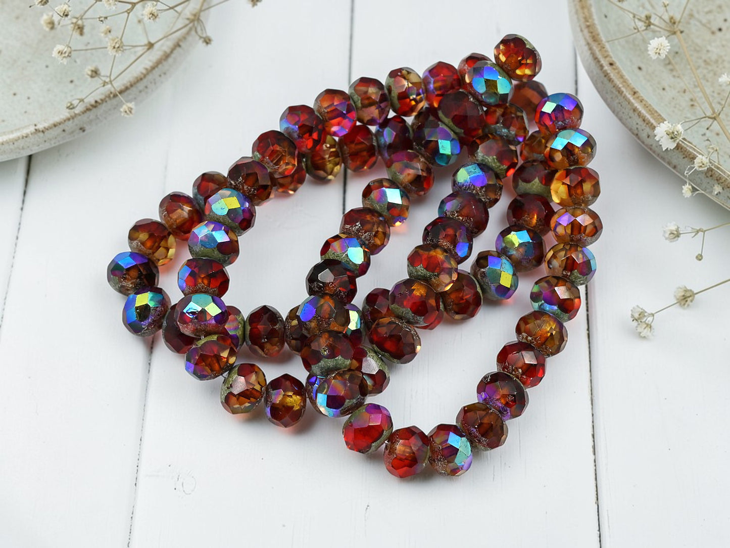 *25* 6x8mm Antique Silver Washed Ruby Sunset Fire Polished Rondelle Beads