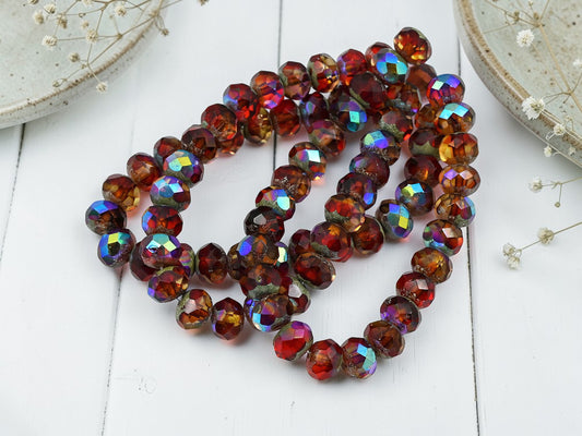 *25* 6x8mm Antique Silver Washed Ruby Sunset Fire Polished Rondelle Beads