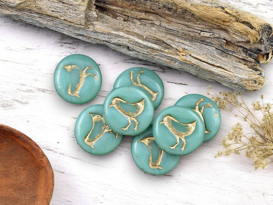 *15* 12mm Gold Washed Opaque Turquoise Bird Coin Beads