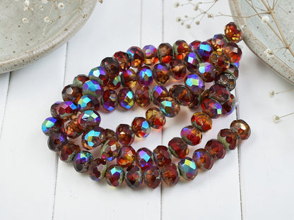*25* 6x8mm Antique Silver Washed Ruby Sunset Fire Polished Rondelle Beads