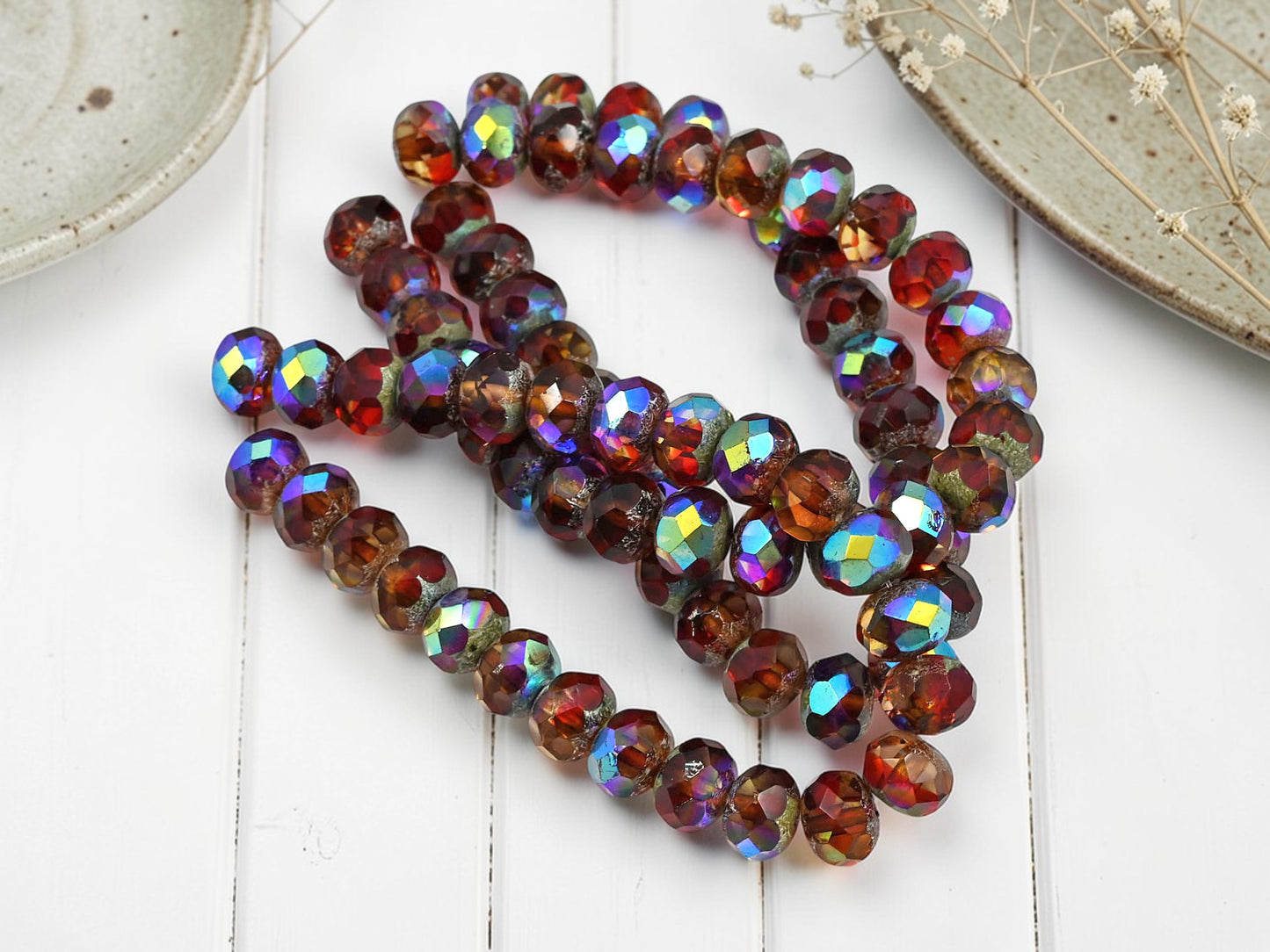 *25* 6x8mm Antique Silver Washed Ruby Sunset Fire Polished Rondelle Beads