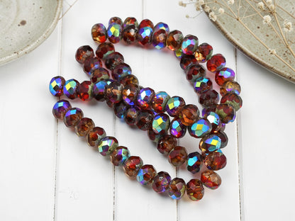 *25* 6x8mm Antique Silver Washed Ruby Sunset Fire Polished Rondelle Beads