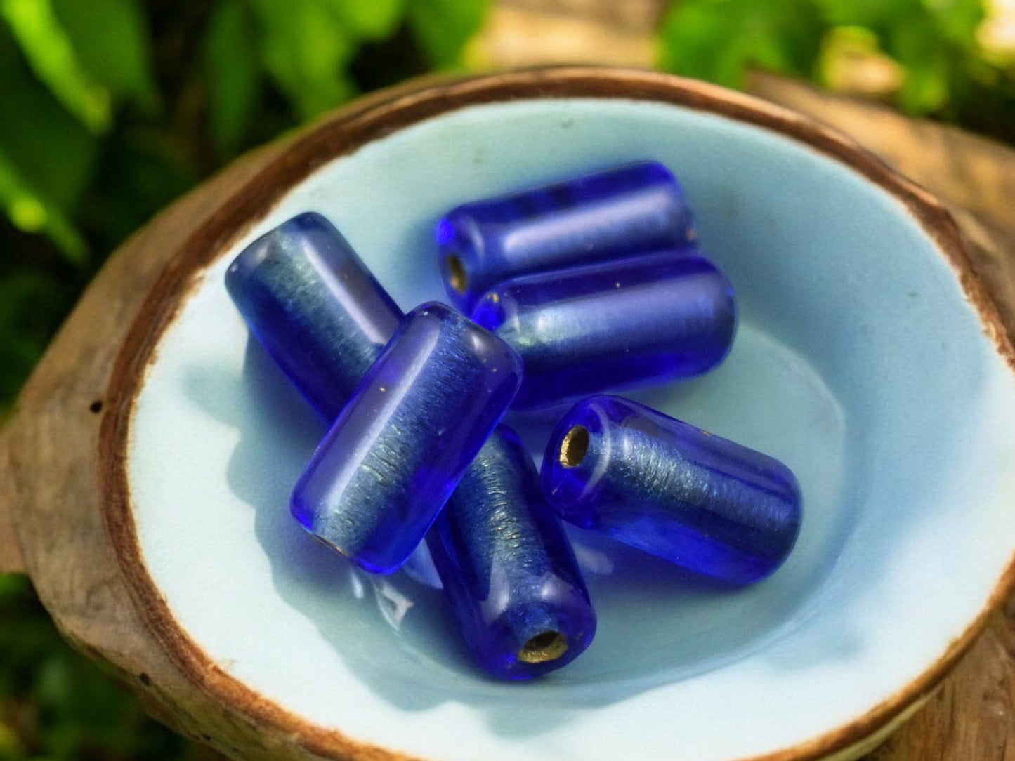 *10* 14x7mm Gold Lined Sapphire Aqua Large Hole Tube Beads