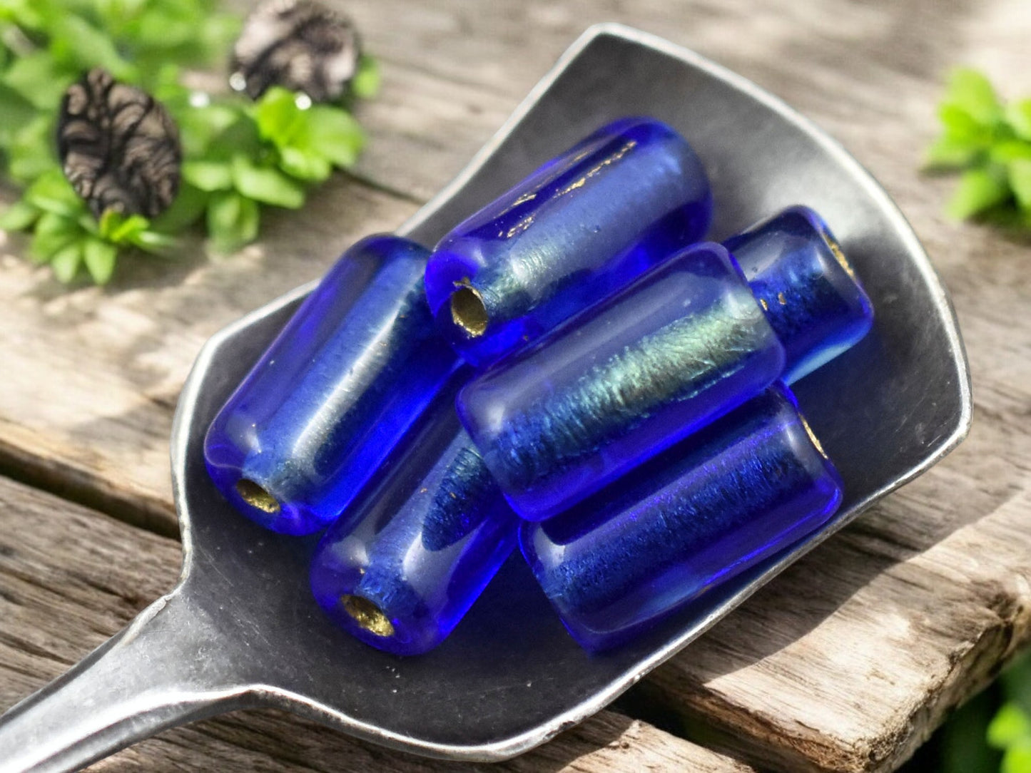 *10* 14x7mm Gold Lined Sapphire Aqua Large Hole Tube Beads