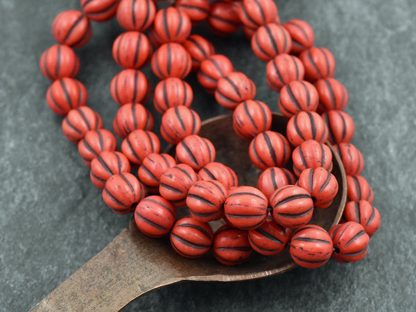 *20* 8mm Bronze Washed Coral Orange Round Melon Beads