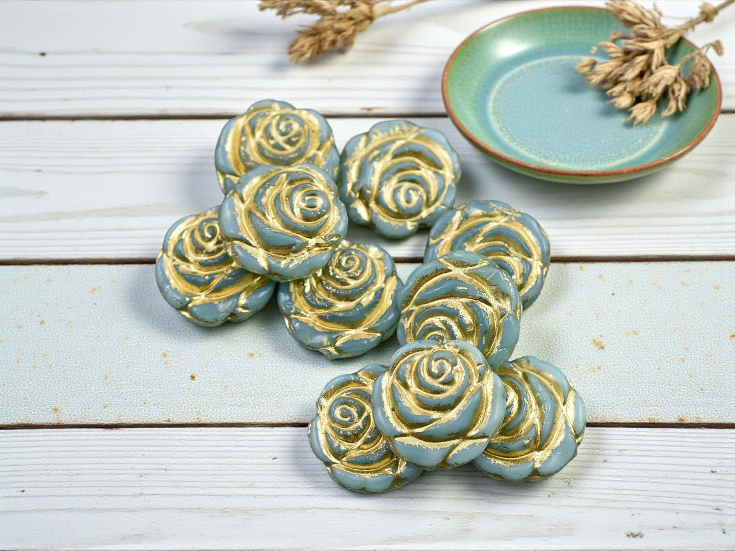 *10* 14mm Bronze Washed Turquoise Rose Flower Beads
